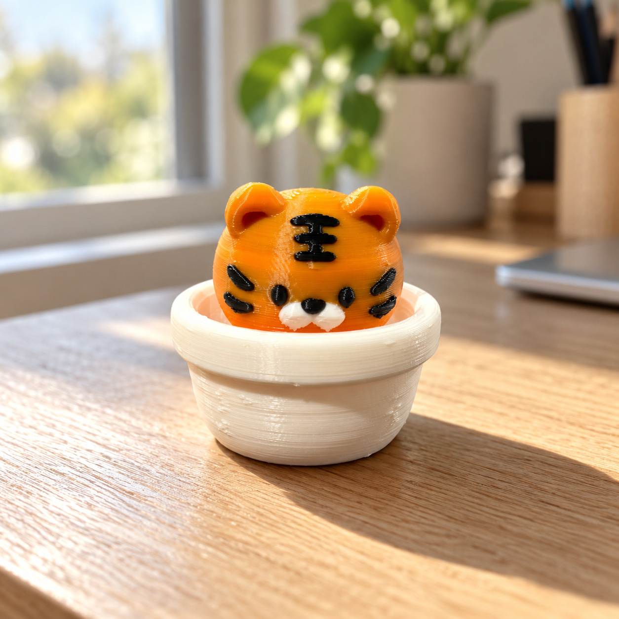 Tigre naranja en maceta junto a ventana
